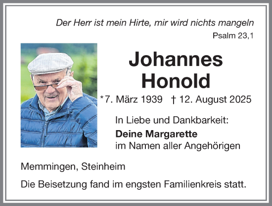 Traueranzeige von Johannes Honold von Memminger Zeitung