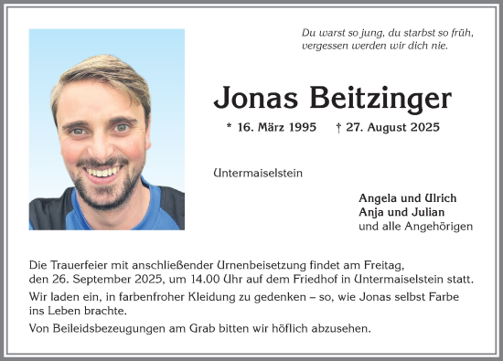 Traueranzeige von Jonas Beitzinger von Allgäuer Anzeigeblatt