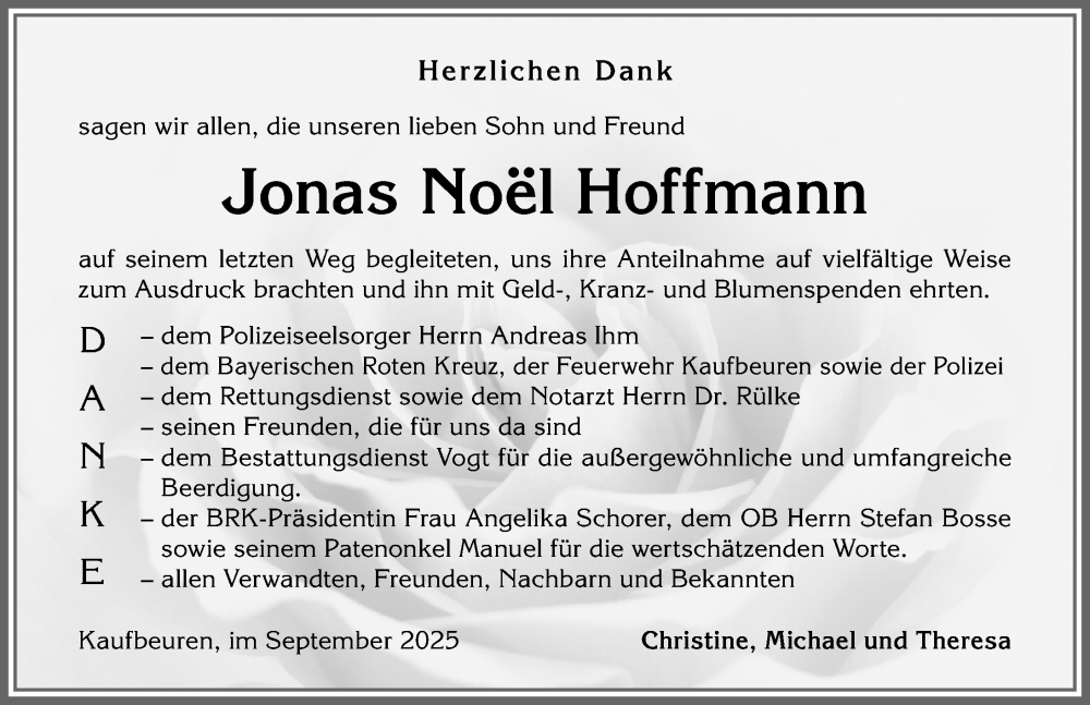  Traueranzeige für Jonas Noel Hoffmann vom 13.09.2025 aus Allgäuer Zeitung, Kaufbeuren/Buchloe