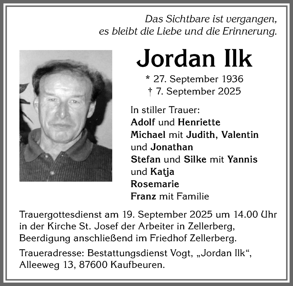  Traueranzeige für Jordan Ilk vom 13.09.2025 aus Allgäuer Zeitung, Kaufbeuren/Buchloe