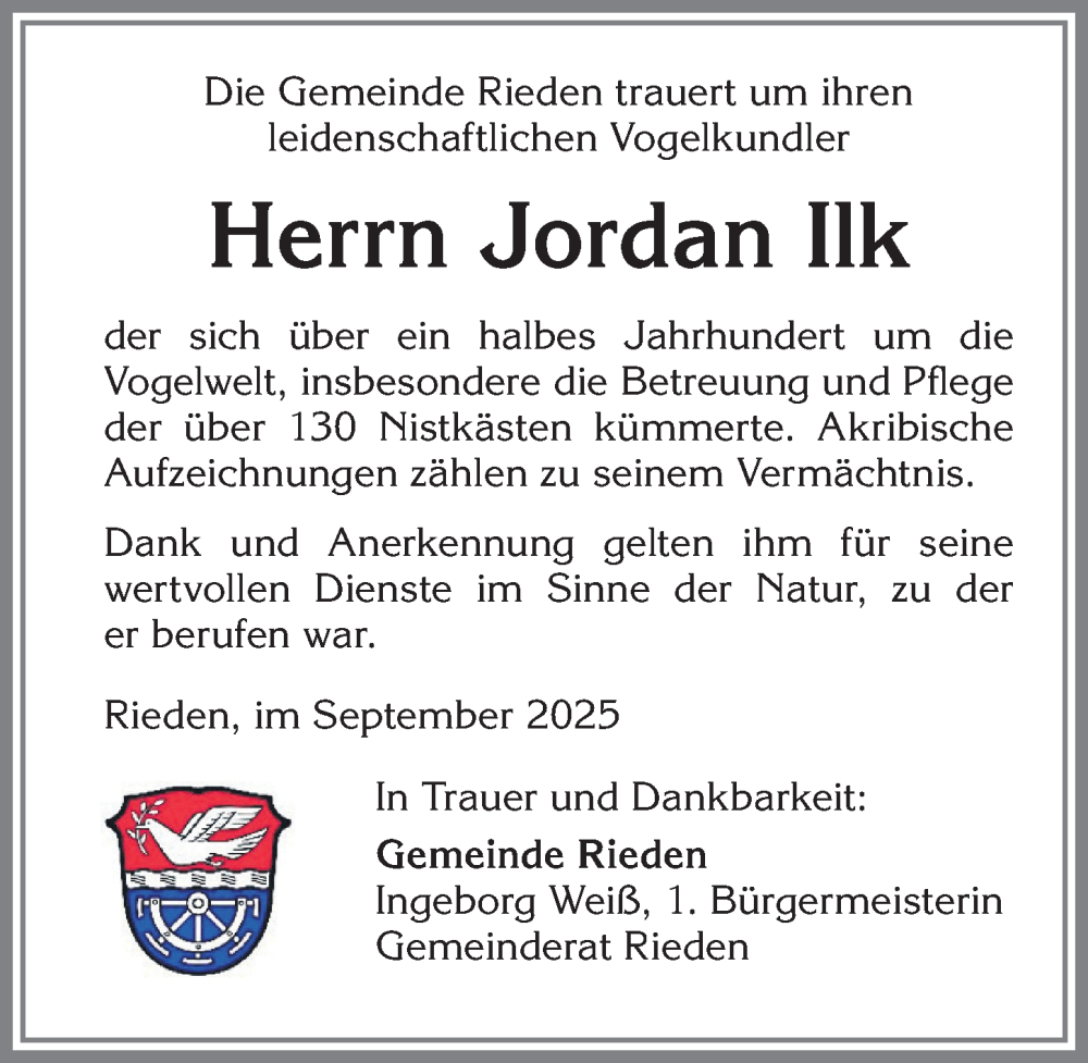  Traueranzeige für Jordan Ilk vom 13.09.2025 aus Allgäuer Zeitung, Kaufbeuren/Buchloe
