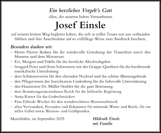 Traueranzeige von Josef Einsle von Der Westallgäuer