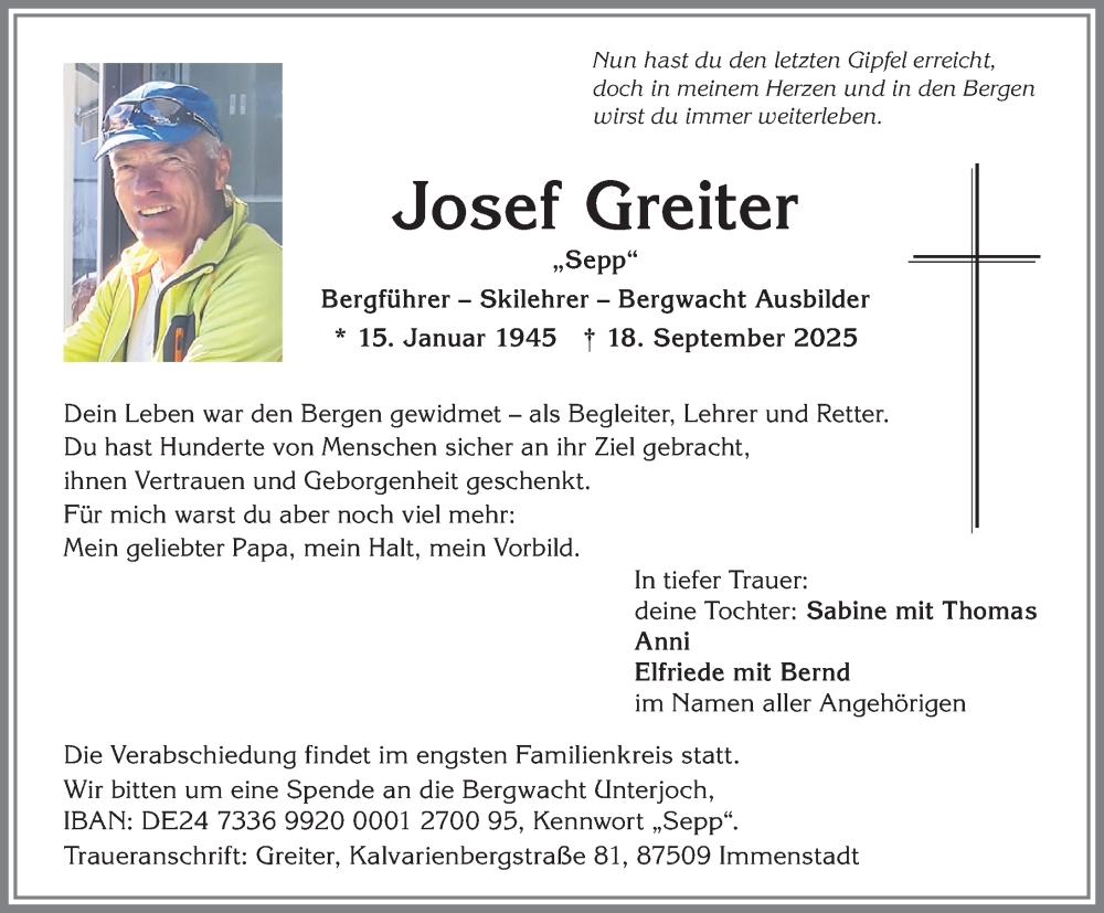  Traueranzeige für Josef Greiter vom 27.09.2025 aus Allgäuer Anzeigeblatt