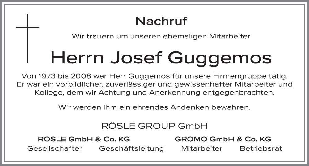 Traueranzeige für Josef Guggemos vom 30.09.2025 aus Allgäuer Zeitung, Marktoberdorf
