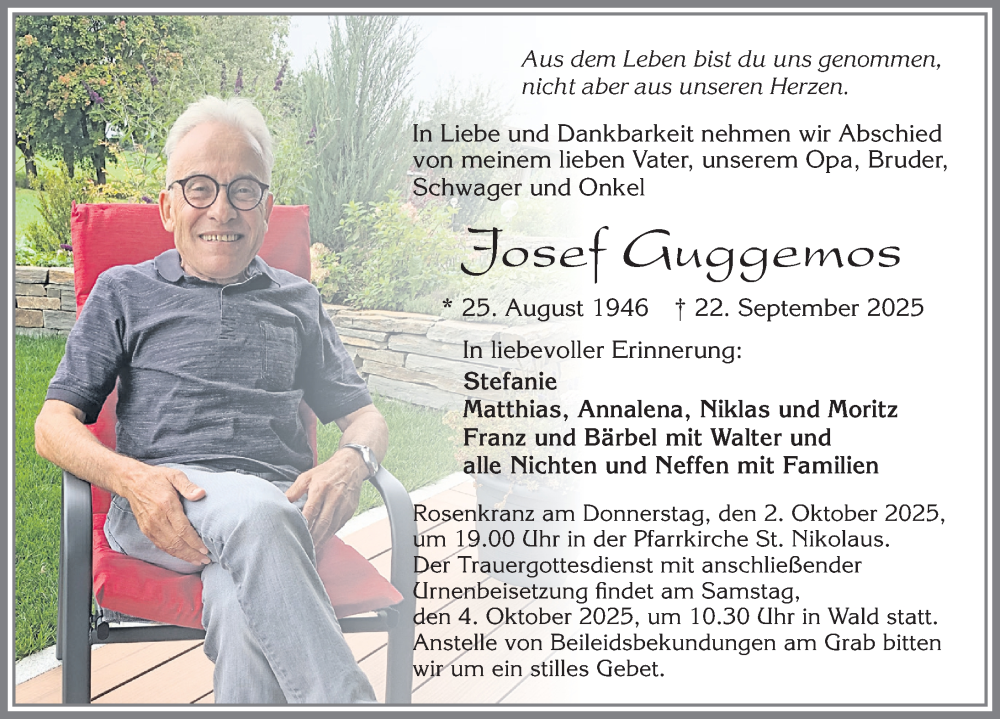  Traueranzeige für Josef Guggemos vom 27.09.2025 aus Allgäuer Zeitung, Marktoberdorf