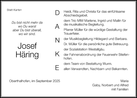 Traueranzeige von Josef Häring von Der Westallgäuer