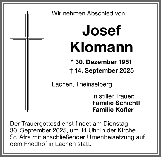 Traueranzeige von Josef Klomann von Memminger Zeitung