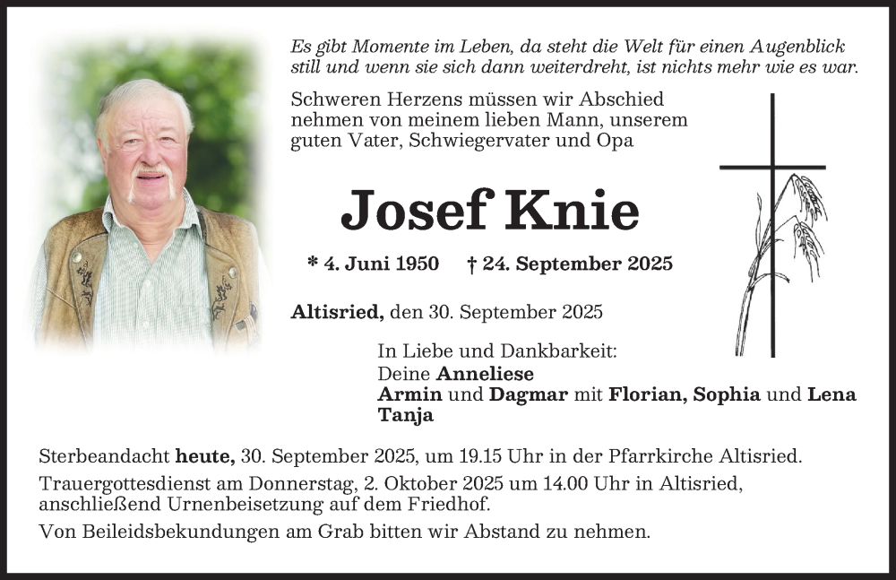  Traueranzeige für Josef Knie vom 30.09.2025 aus Memminger Zeitung