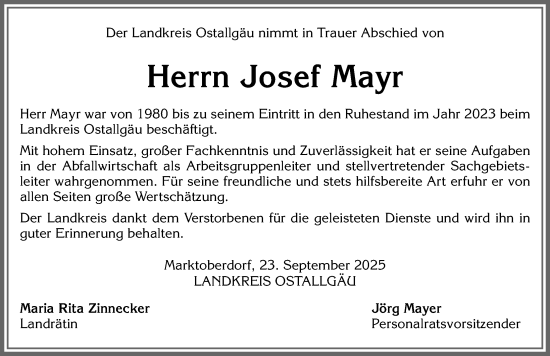 Traueranzeige von Josef Mayr von Allgäuer Zeitung, Marktoberdorf