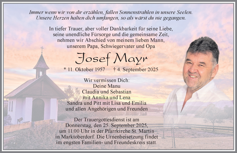  Traueranzeige für Josef Mayr vom 20.09.2025 aus Allgäuer Zeitung, Marktoberdorf
