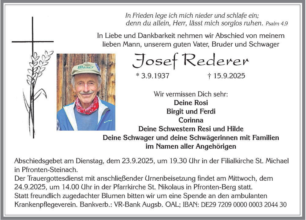  Traueranzeige für Josef Rederer vom 20.09.2025 aus Allgäuer Zeitung, Füssen