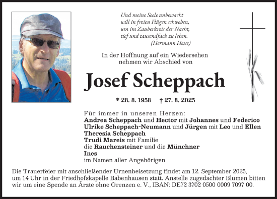 Traueranzeige von Josef Scheppach von Illertisser Zeitung, Augsburger Allgemeine