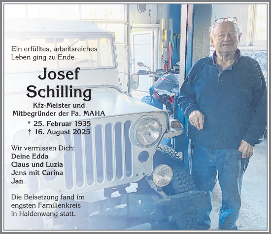 Traueranzeige von Josef Schilling von Allgäuer Zeitung,Kempten