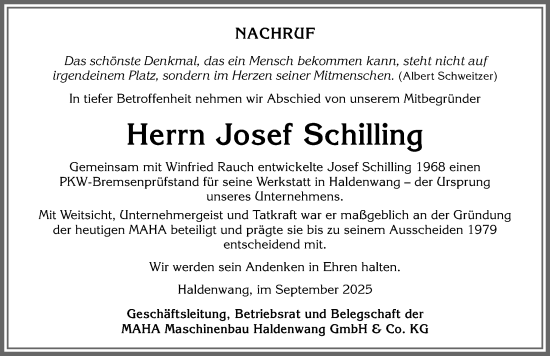 Traueranzeige von Josef Schilling von Allgäuer Zeitung,Kempten