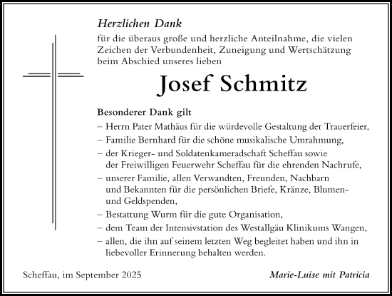 Traueranzeige von Josef Schmitz von Der Westallgäuer