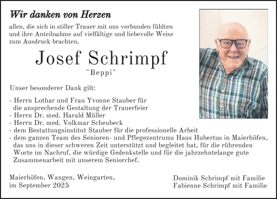 Traueranzeige von Josef Schrimpf von Der Westallgäuer
