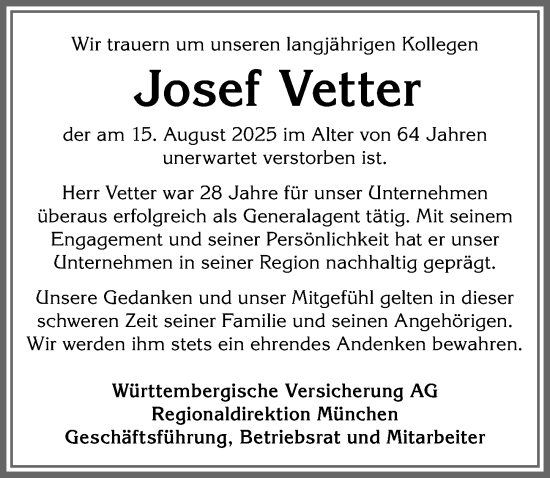 Traueranzeige von Josef Vetter von Allgäuer Zeitung, Marktoberdorf
