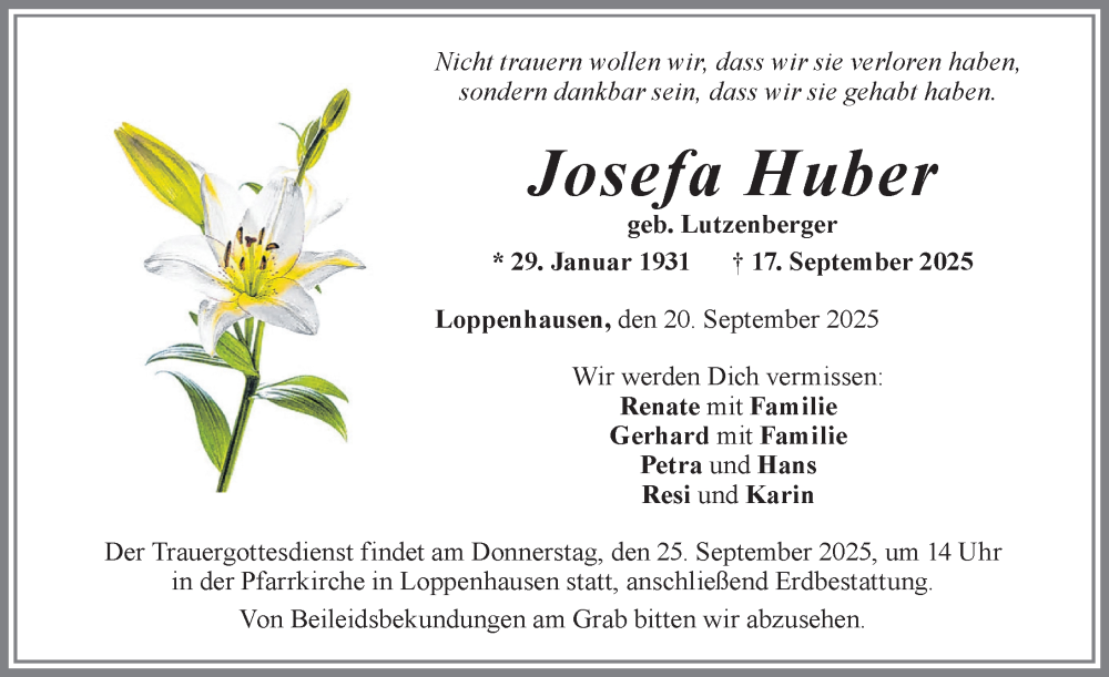  Traueranzeige für Josefa Huber vom 20.09.2025 aus Memminger Zeitung