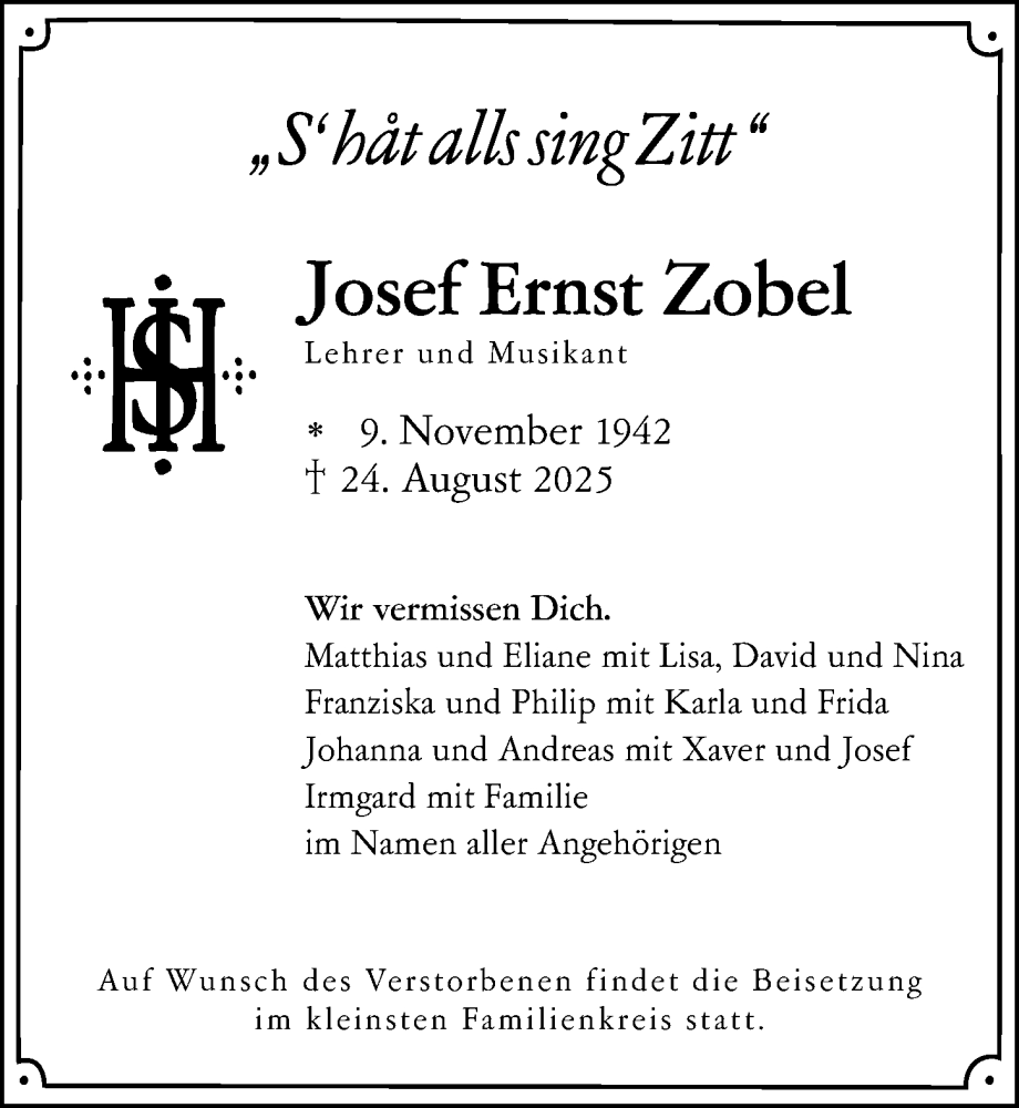  Traueranzeige für Josef Ernst Zobel vom 02.09.2025 aus Allgäuer Anzeigeblatt