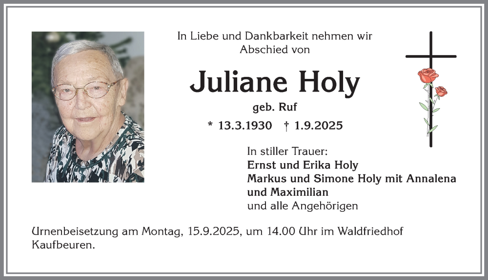  Traueranzeige für Juliane Holy vom 06.09.2025 aus Allgäuer Zeitung, Kaufbeuren/Buchloe