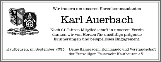Traueranzeige von Karl Auerbach von Allgäuer Zeitung, Kaufbeuren/Buchloe