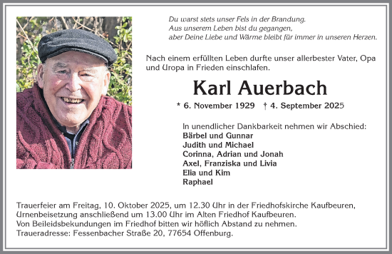 Traueranzeige von Karl Auerbach von Allgäuer Zeitung, Kaufbeuren/Buchloe