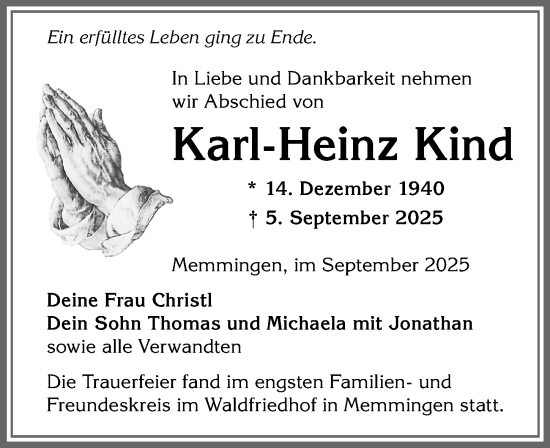 Traueranzeige von Karl-Heinz Kind von Memminger Zeitung