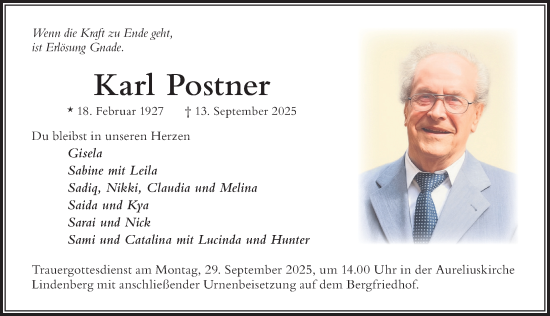 Traueranzeige von Karl Postner von Der Westallgäuer
