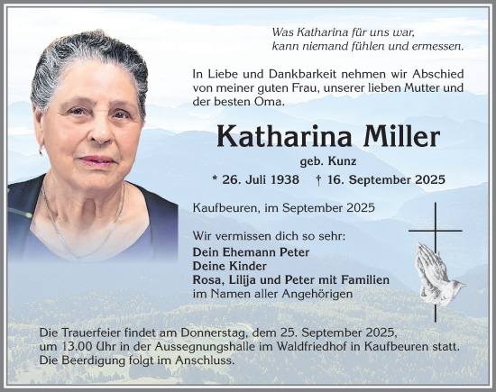 Traueranzeige von Katharina Miller von Allgäuer Zeitung, Kaufbeuren/Buchloe