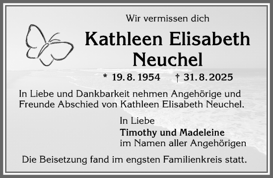 Traueranzeige von Kathleen Elisabeth Neuchel von Allgäuer Anzeigeblatt