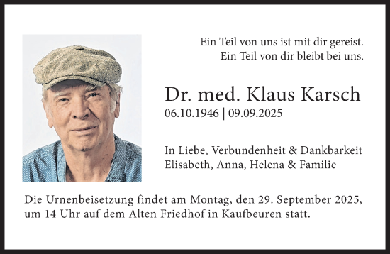 Traueranzeige von Klaus Karsch von Allgäuer Zeitung, Kaufbeuren/Buchloe