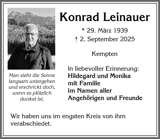 Traueranzeige von Konrad Leinauer von Allgäuer Zeitung,Kempten