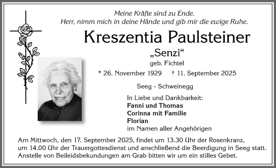 Traueranzeige von Kreszentia Paulsteiner von Allgäuer Zeitung, Füssen