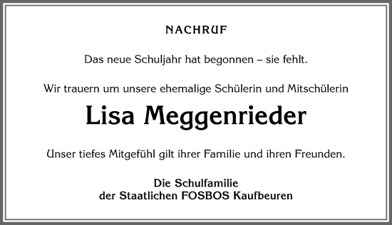 Traueranzeige von Lisa Meggenrieder von Allgäuer Zeitung, Kaufbeuren/Buchloe