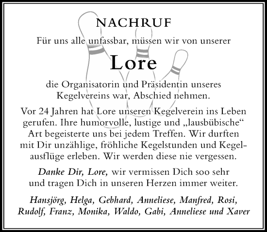 Traueranzeige von Lore  von Der Westallgäuer
