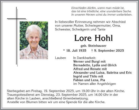 Traueranzeige von Lore Hohl von Allgäuer Zeitung,Kempten