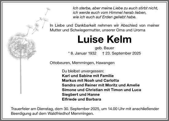 Traueranzeige von Luise Kelm von Memminger Zeitung