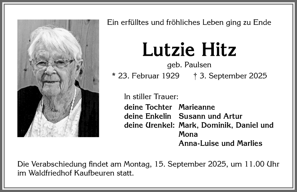  Traueranzeige für Lutzie Hitz vom 11.09.2025 aus Allgäuer Zeitung, Kaufbeuren/Buchloe