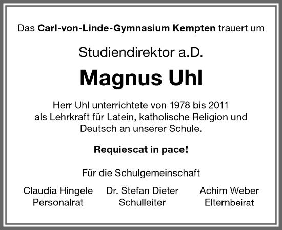 Traueranzeige von Magnus Uhl von Allgäuer Zeitung,Kempten