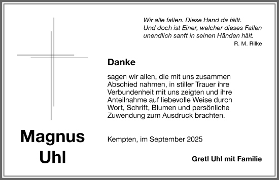 Traueranzeige von Magnus Uhl von Allgäuer Zeitung,Kempten