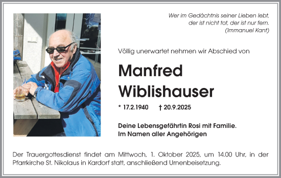 Traueranzeige von Manfred Wiblishauser von Memminger Zeitung