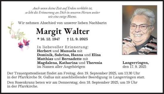 Traueranzeige von Margit Walter von Schwabmünchner Allgemeine, Mindelheimer Zeitung, Augsburger Allgemeine