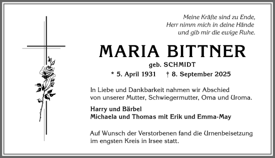 Traueranzeige von Maria Bittner von Allgäuer Zeitung, Kaufbeuren/Buchloe