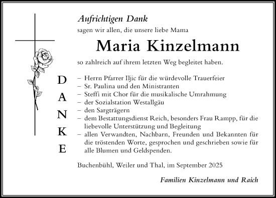 Traueranzeige von Maria Kinzelmann von Der Westallgäuer