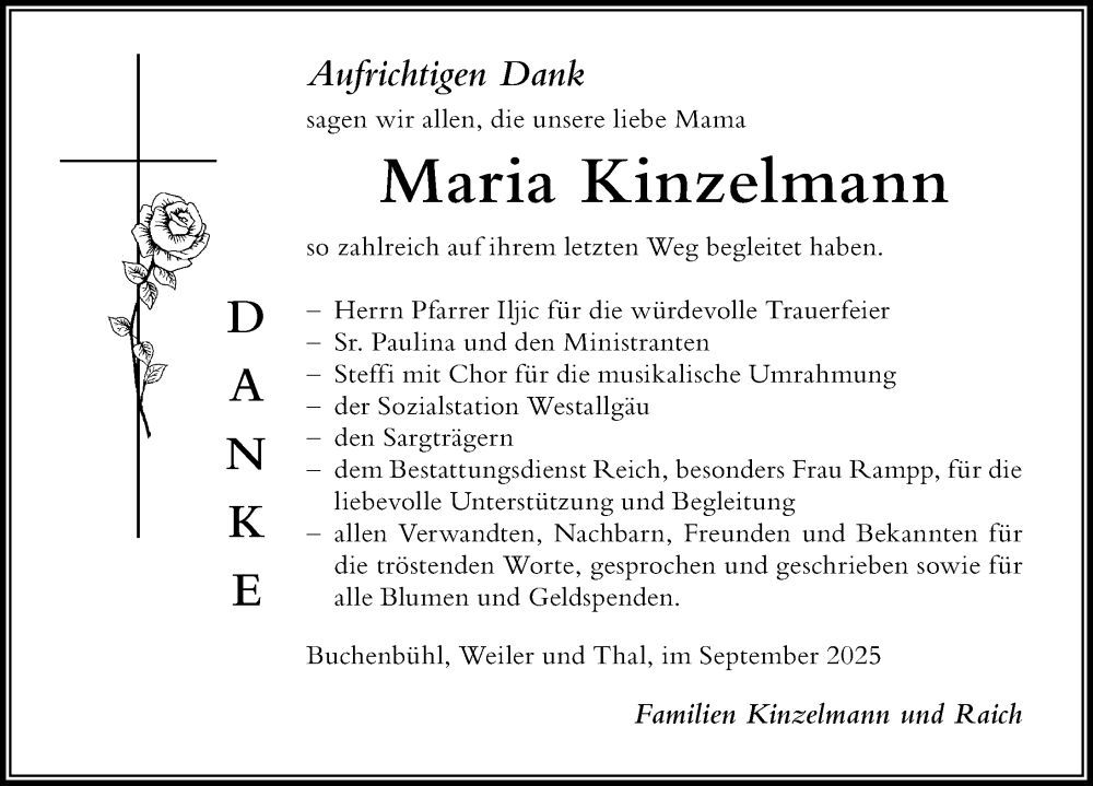  Traueranzeige für Maria Kinzelmann vom 27.09.2025 aus Der Westallgäuer