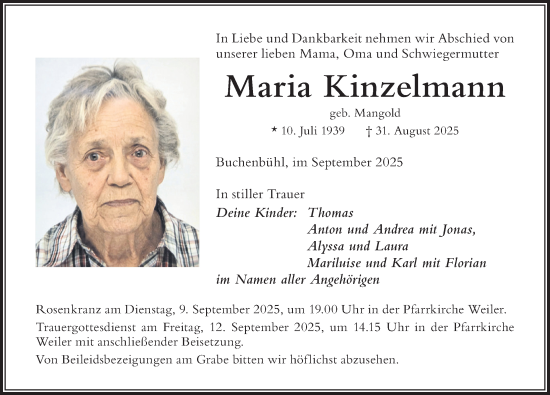 Traueranzeige von Maria Kinzelmann von Der Westallgäuer