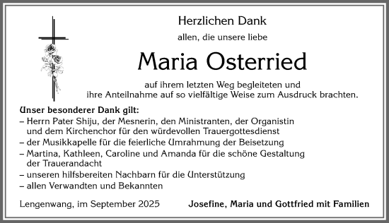 Traueranzeige von Maria Osterried von Allgäuer Zeitung, Marktoberdorf