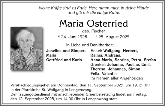 Traueranzeige von Maria Osterried von Allgäuer Zeitung, Marktoberdorf