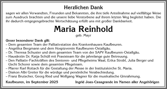 Traueranzeige von Maria Reinhold von Allgäuer Zeitung, Kaufbeuren/Buchloe