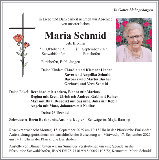 Traueranzeige von Maria Schmid von Allgäuer Zeitung, Kaufbeuren/Buchloe